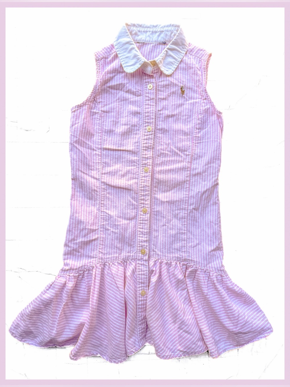 Polo Ralph Lauren Girls Pink White Stripe Drop Waist Ruffle Shirt Dress Size 5 6